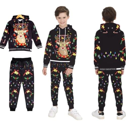 Two-piece suit Ugly Christmas Sweater 3D Print Holiday Childrens Wear Christmas Costume Alpaca Print Long Sleeve Hoodie