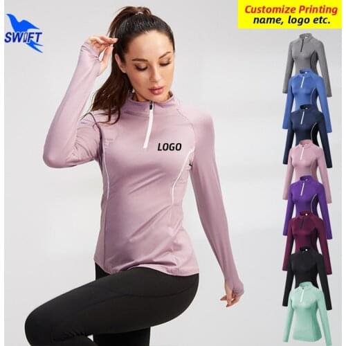 Customize LOGO Fleece Liner Mandarin Collar Running Jacket Women Quick Dry Elastic Yoga Shirt Long Sleeve Gym Fitness Sweatshirt