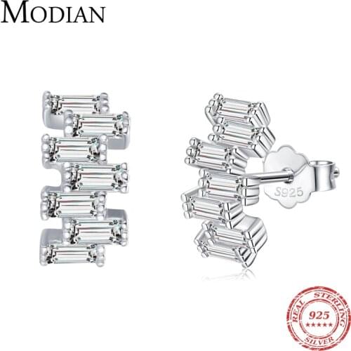 Modian 925 Sterling Silver Luxury Emerald Cut Stud Earrings for Women Dazzling Clear CZ Hypoallergenic Ear Pins Fine Jewelry