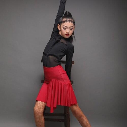 Latin Dance Clothes For Girls Fall Ballroom Practice Wear Mesh Stage Costume Tap Dance Wear Dance Tango Outfits Red Skirt DL6988