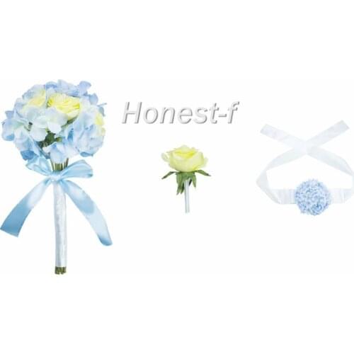 Original Hand Tie Artificial Hydrangea Rose Flower Bouquet with Men Groom Corsage and Brides Wrist Flower for Wedding, Party
