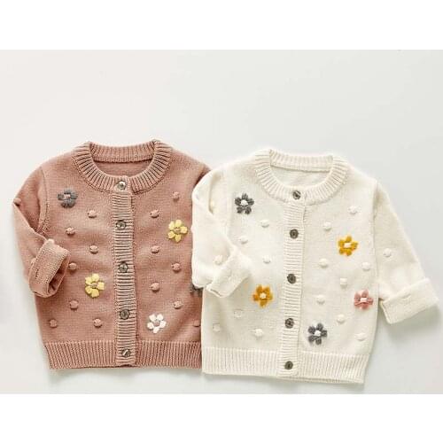 Autumn Baby Girls Knitted Cardigan Sweater Coat Infant Girls Long Sleeve Coat Toddler Girl Cotton Bubble Hook Flower Clothes