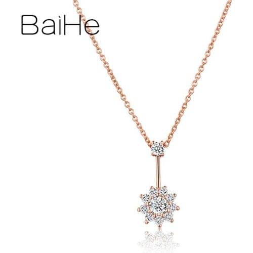 BAIHE Solid 18K Rose Gold Round H/SI 0.27ct Natural Diamonds Engagement Gift Wedding Gift Trendy Fine flower Pendant Necklaces