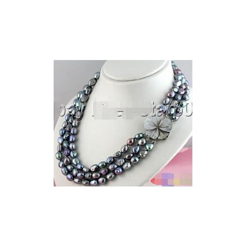3row 8-10mm baroque black freshwater pearl necklace + shell Flower clasp 17"18"19"