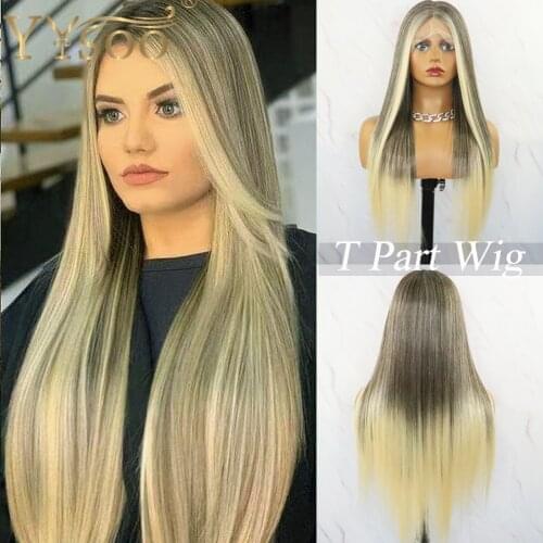 YYsoo Blonde Balayage Silky Straight Synthetic Hair T Part Wig for Women Long Japan Futura13x6x2 Lace Front Wig Natural Hairline
