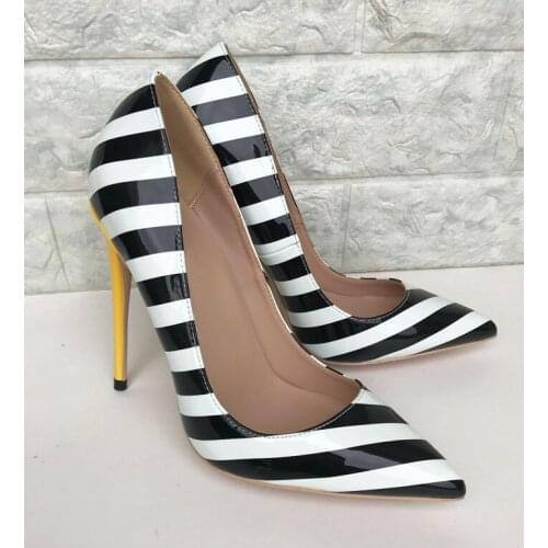 Sexy Black and White Stripe Patent Leather Pumps Women Low Cut Striped Yellow High Heels Stilettos Pointed toe Party Shoes