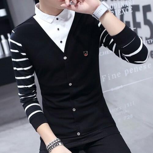 Fake Two-Piece T-shirt Mens Long-Sleeved Shirt Collar Bottoming Shirt Slim Style in Korean Spring Leading Sweater for Teenagers