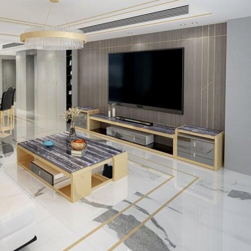 Natural marble Stainless steel TV Stand modern Living Room led monitor stand mueble tv cabinet mesa tv table + coffee table