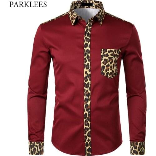 Red Shirt Men Leopard Print Men Dress Shirts Brand Long Sleeve Button Up Shirt Mens Fashion Casual Slim Fit Men Clothes USA Size