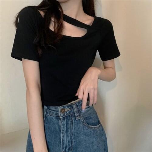 Top Black New Strapless Hollow Short-sleeved Top Female Summer Korean Slim Slim Short T-shirt