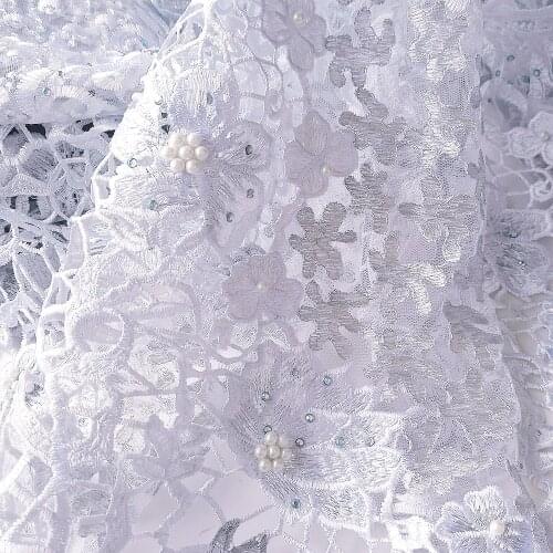 Embroidery Mesh High Quality Lace Guipure Cord Lace Fabric with Beads White Water Soluble Tulle Lace Fabric 2020 African Laces
