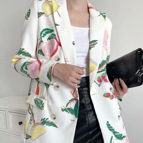 Fashion New Women Fashion Double Breasted Fruit Print Blazers Coat Vintage Long Sleeve Pockets Female Outerwear Chic Tops 2021