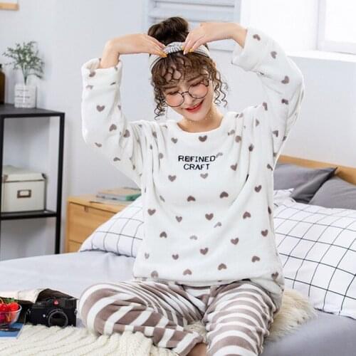 Women Heart Cute Cartoon Pyjamas Suit Pajamas Set Winter Keep Warm Flannel 2 Pcs Shirt&pant Sleepwear Comfortable Soft Homewear