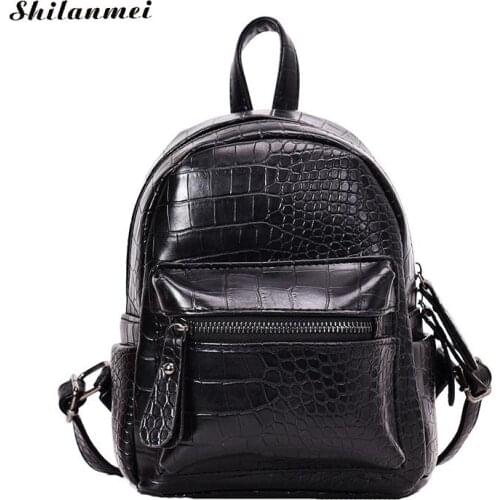 High Quality Leather Backpack Women 2019 Crocodile Grain Soft Black Khaki Girl Backpacks Small Pouch Purse Mochila Feminina