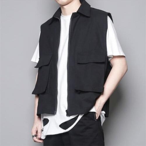 Spring and Autumn mens new pure color lapel pocket design street function tactical vest zipper mens short vest