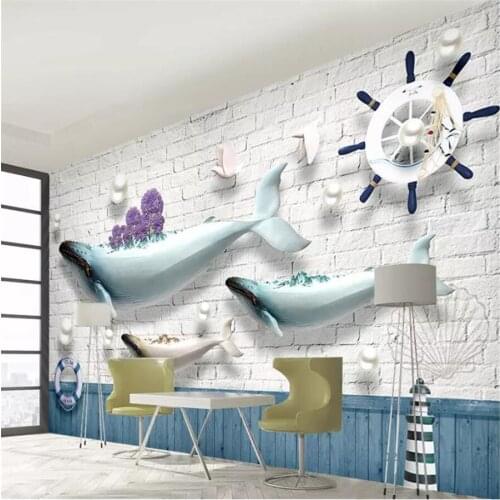 Beibehang Custom wallpaper 3d mural jewelry ocean whale lighthouse nautical boat brick wall Mediterranean European 3d wallpaper