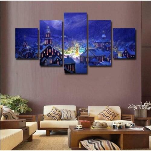 5 Pcs Christmas Eve Village Painting Canvas Pictures Print Wall Art Canvas Paintings Wall Decorations for Living Room Unframe