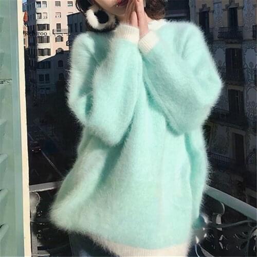 Elegant Autumn Winter Women Mink Cashmere Soft Long Pullovers Fashion Mohair Thick Knitted Loose Lazy Warm Sweater Tops