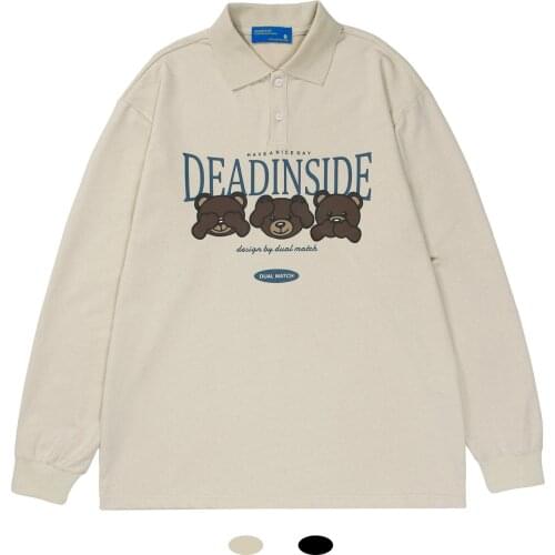 Eukaaru Kawaii Street Trend Mens Polo Shirt Woman Oversized Polo T-shirt Bear Print Loose Long Sleevel Tshirts Tops Tees Paly