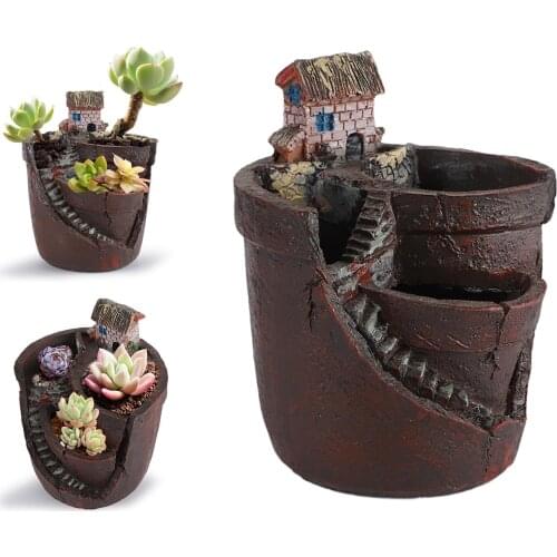 Artificial Flowers Succulent Plants Pot, Hanging Garden Design with Sweet House, for Office Desktop Balcony Garden Decoration