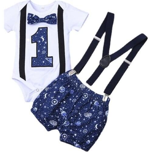 Newborn Two Piece Set, Baby Boys Round Neck Bow Tie Romper Shoulder Strap Overall Shorts for Infants 6-18M