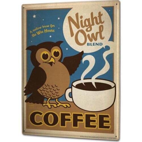 Cartel de lata para restaurante, cocina, búho, taza de café, Bar, decoración del hogar