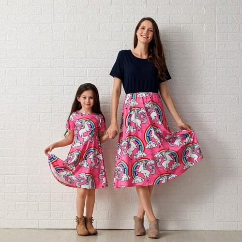 Mother And Daughter Rainbow Pony Print Dresses Mommy And Me Clothes Family Look Outfit Baby Romper Family Matching Floral Sets
