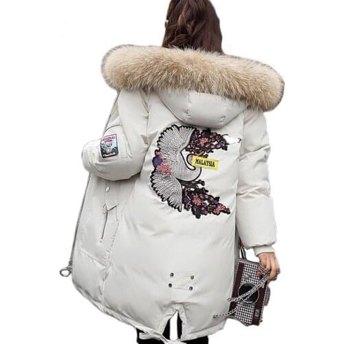 Coat Women Plus Size Embroidered Winter Long Warm Jacket Animal Thick Parka Outerwear Raccoon Fur Hood Overcoat