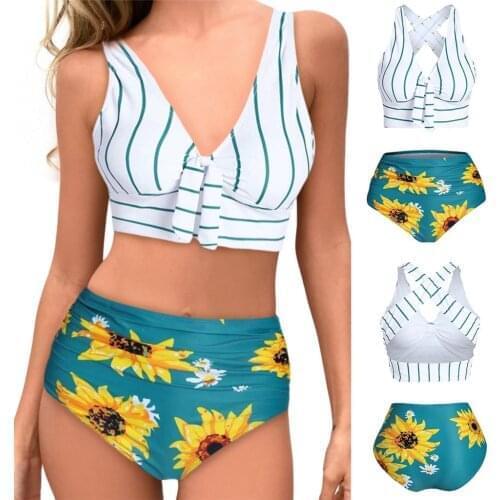 Sexy Bikinis Women Push-Up Padded Split Bikini Set Plus Size High Waist Overlay Sunflower Print Bikini Set Swimsuit Bathing Suit