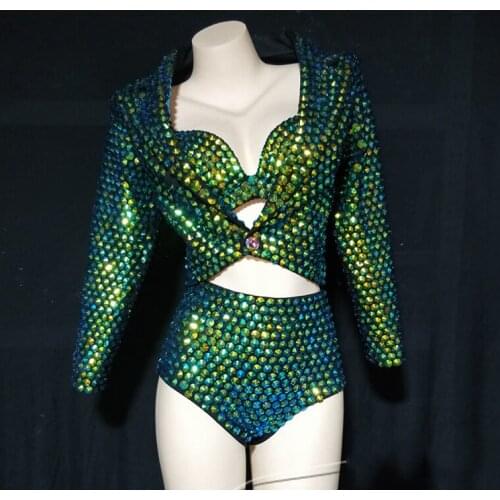 Green Full Rhinestone Suit Female Singer Host Suit Gogo Costume Women Sexy Bra Shorts Suits Rave Outfits Stage Show Wear XS2331