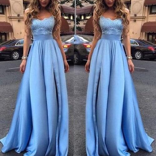 Sexy Slit Prom Dresses 2019 Strapless A Line Long Party Gown Vestidos De Graduacion Lace Bodice Prom Dress