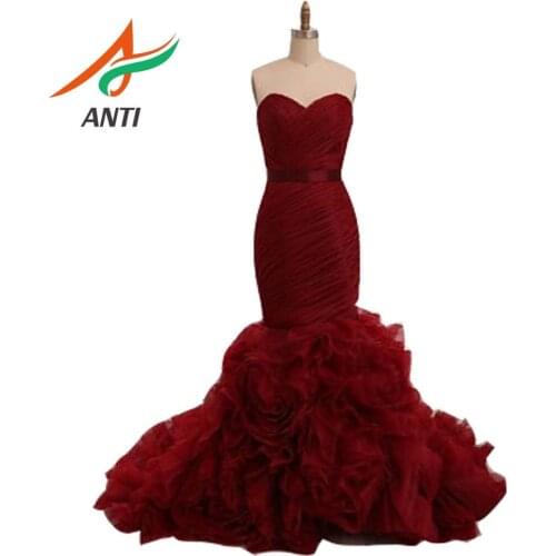 ANTI Brgundy Velour Mermaid Prom Dresses Long Formal Evening Gown Sweetheart Organza Ruffles Zipper Back Women Dress Cheap 2019