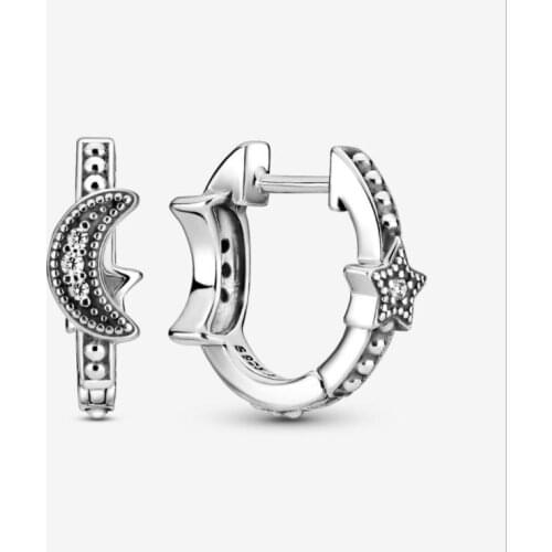 925 Sterling Silver Pandora Earrings Glittering Crescent and Star Bead Hoop Earrings Womens Jewelry Giftng