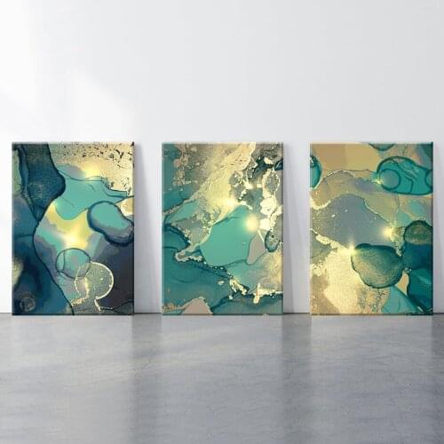 Abstract Dark Green Gold Splash Ink Painting Modern Luxurious Sprinkle Gold Marbling Posters Wall Art for Living Room Hoom Decor