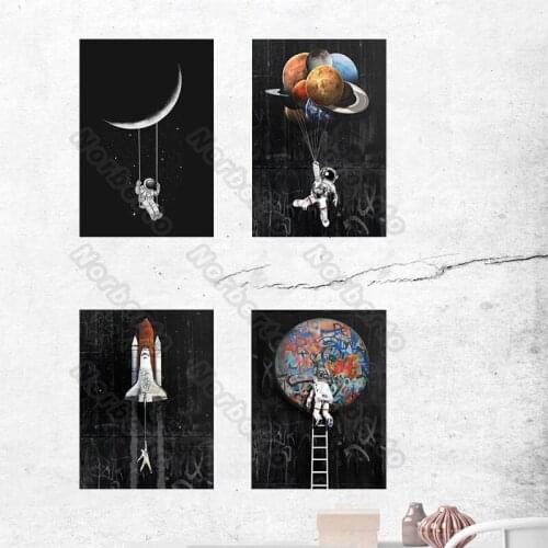 Canvas Painting Poster Print Abstract Funny Art Planet Astronaut Swinging On The Moon Stars for Home Rooms Gallery Wall Decorati