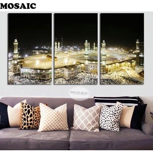 Full square 5d diy diamond painting holy mecca Islamic Muslim 3 piece diamond painting cross stitch 3d living room decoration