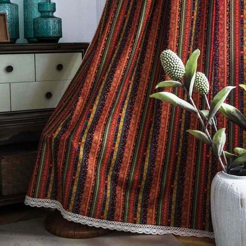 Boho Style Curtains for Living Room Bedroom Window Shaded Tube Curtain Luxury Golden Striped Printed Orange Red Kitchen Curtain