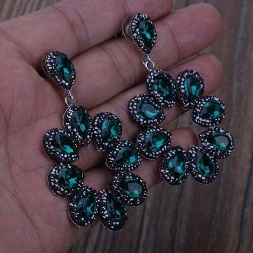 KEJIALAI Luxury Handmade Jewelry Dark Green Water Drop Crystal Pave Rhinestone Big Hyperbole Long Drop Dangle Earrings For Women