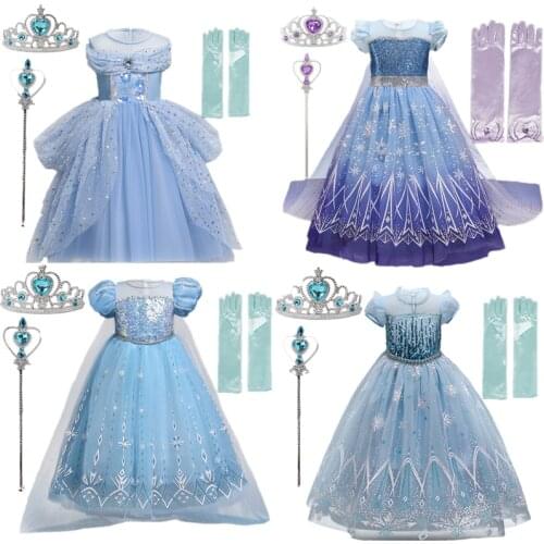 4Pcs Snow White Cosplay Costume For Girl Puff Sleeve Mesh Ankle-Length Ball Gown For Children Halloween Christmas Dress For Kids