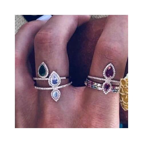 Red/Green cubic zirconia micro pave rings water tear drop shaped midi ring ,pinky finger ring jewelry accessories