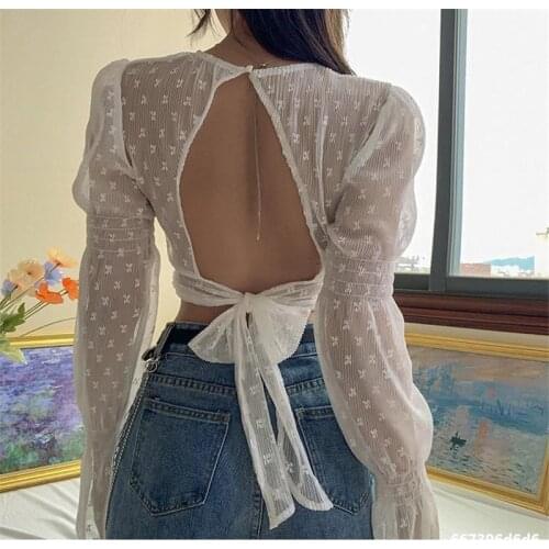 Summer Women see Through Sexy Backless Bow T-shirts Lady Long Sleeve V-neck Lace Tees Gilr Party Night Club Harajuku Tops Blouse