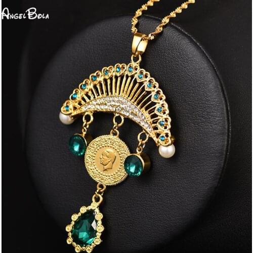 Muslim Fan-shaped Green Crystal Gold Coin Long Women Charm Pendant Necklace Islamic Luxury Jewelry Party Wedding Holiday Gift