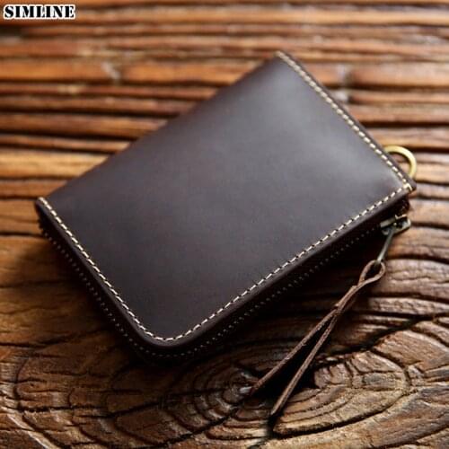100% Genuine Leather Wallet For Men Male Vintage Handmade Crazy Horse Cowhide Short Purse Card Holder With Coin Pocket Money Bag