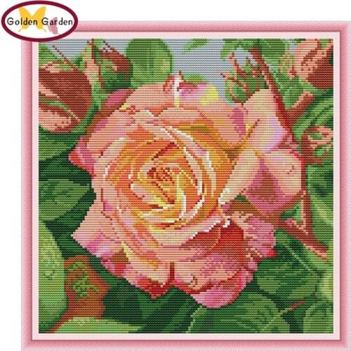 GG Pink Rose Cross Stitch Kit 11CT14CT Chinese Embroidery Needlework Set Joy Sunday Cross Stitch Pattern for Home Decor