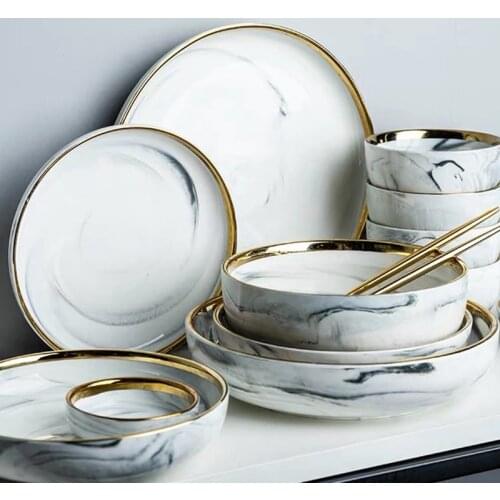 Ceramic Dinner Plates Set Dish Marble Design Steak Food Plate Salad Soup Bowl Dessert Cake Plate Dinnerware Set Restaurant Hotel