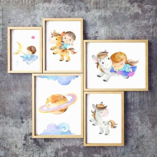 Wall Art Canvas Painting Boy Girl Mini Horse Dream Universe Cartoon Nordic Posters And Prints Wall Pitcures For Kids Room Decor