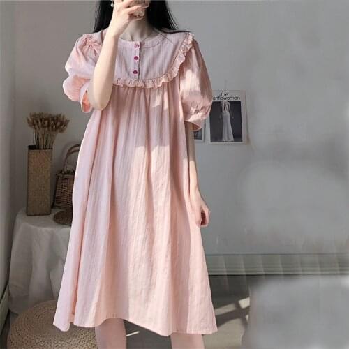 Summer Version Ruffle Womens Nightdress Short Sleeve Medium Length Nightgown Princess Style Home Wear Sleepwear Sleep Dress