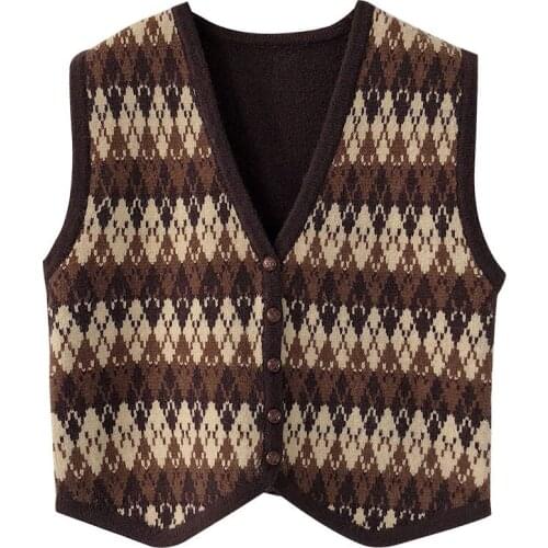 Autumn Retro Plaid Vest Western Style Loose Sleeveless Sweater V-neck Waistcoat Knitted Vest Cardigan Women Chalecos Paramujer