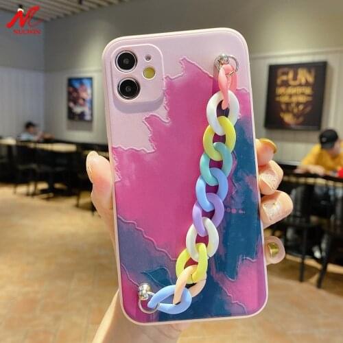 3D Watercolor Relief Silicone Cover for iPhone 11 Pro Max 12 Mini Bracelet Wrist Strap Cover for iPhone Xr X Xs Max 10 7 8 Plus