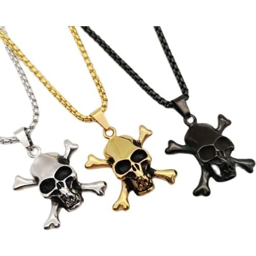 Retro colors 316L Stainless steel Bone cross skull pendant necklace men Danger sign skull necklace Gothetic fashion jewelry